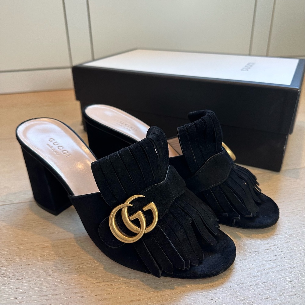 Gucci Marmont GG Black Suede Fringe Mid-Heel Mules Sandals Heels Size 38